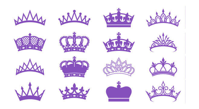 group of purple crowns and tiaras on transparent background
