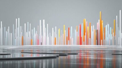 Abstract colorful data visualization with vertical bars and smooth curves reflecting in a glossy surface, representing growth and technology concepts