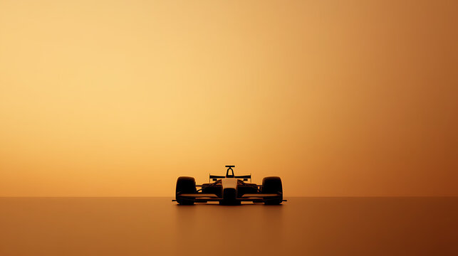 Sleek open-wheel car against an amber backdrop. The vehicle embodies speed and performance. Its dark silhouette adds mystique. Ready for the track, it promises high velocity.