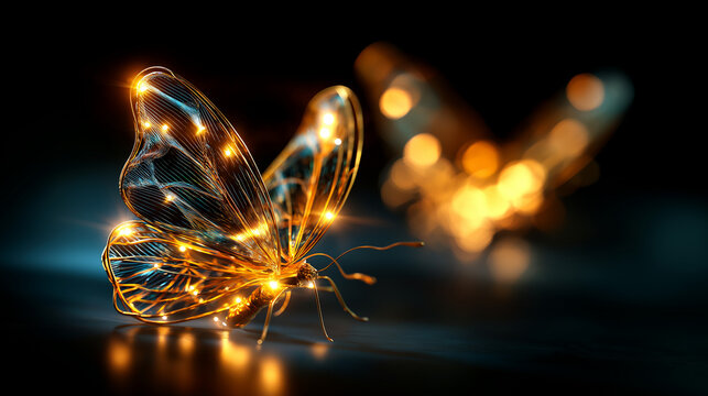 Vibrant butterfly design shines against dark backdrop symbolizing creativity and transformation, defocused illuminated insect, glowing metamorphosis, radiant change, luminous evolu