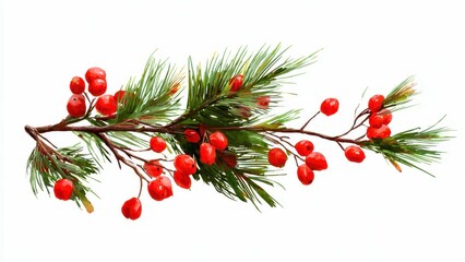 Festive Watercolor Pine Branch Illustration with Bright Red Winter Berries. Christmas and Holiday border element isolated on a clean white background.