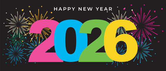  Happy new year 2026 colorful numbers with fireworks festive night celebration background
