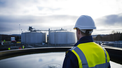 An industrial worker in safety gear observes large storage tanks at a processing facility, emphasizing infrastructure and occupational safety in a cloudy outdoor environment.
