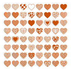 Collection of various orange heart shapes with intricate patterns, vector illustration isolated on transparent background