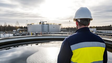 Worker in hard hat at a water treatment facility. The person is wearing a reflective jacket and facing towards large water tanks under a cloudy sky. Environmental industry setting.