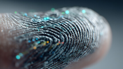 An ultra-close macro image of a human fingerprint, overlaid with circuit lines and tiny holographic graphs emerging from the ridges. The fingerprint becomes a topographical map of
