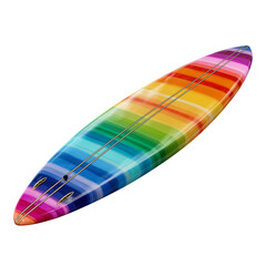 Vibrant rainbow striped surfboard, a symbol of summer fun, beach lifestyle, and dynamic ocean adventure.