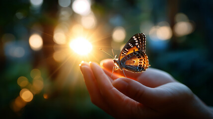Butterfly landing on faceless fingertip in bright morning light symbolizing transformation and hope, defocused dawn connection, sunrise metamorphosis, morning evolution visualizati