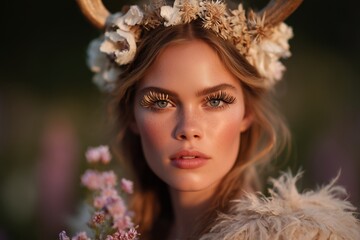 Fototapeta premium Fantasy-Inspired Editorial with Feathered Lashes and Antler Headband in Forest Glade