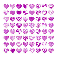 Assortment of magenta heart icons with various intricate patterns, vector illustration isolated on transparent background