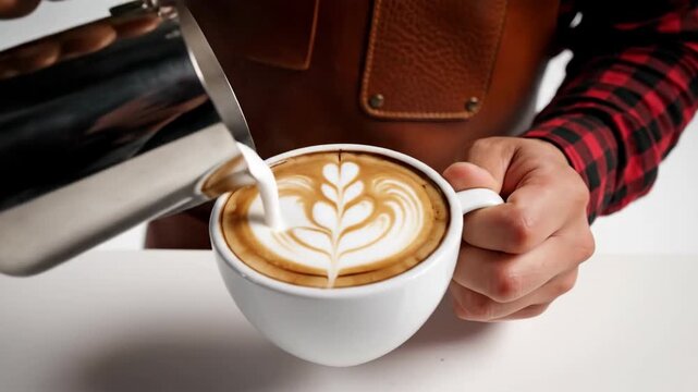 Professional barista pouring steamed milk from a pitcher to create a beautiful rosetta latte art design in a white coffee cup