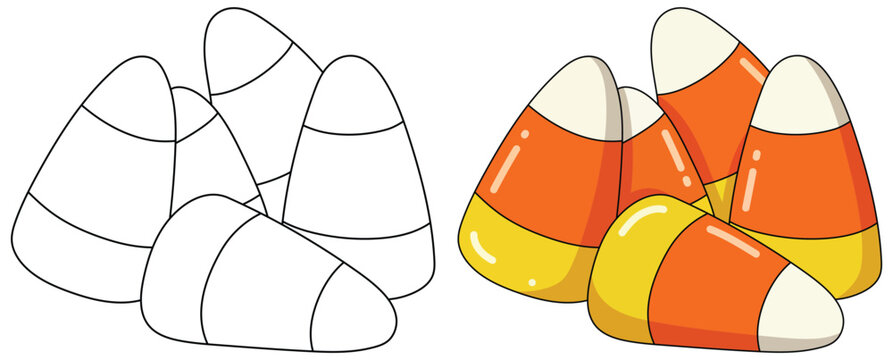 Candy corn illustration featuring a colorful group of festive seasonal sweets arranged in a playful pile with smooth glossy surfaces and clean cartoon styling for holiday themed designs