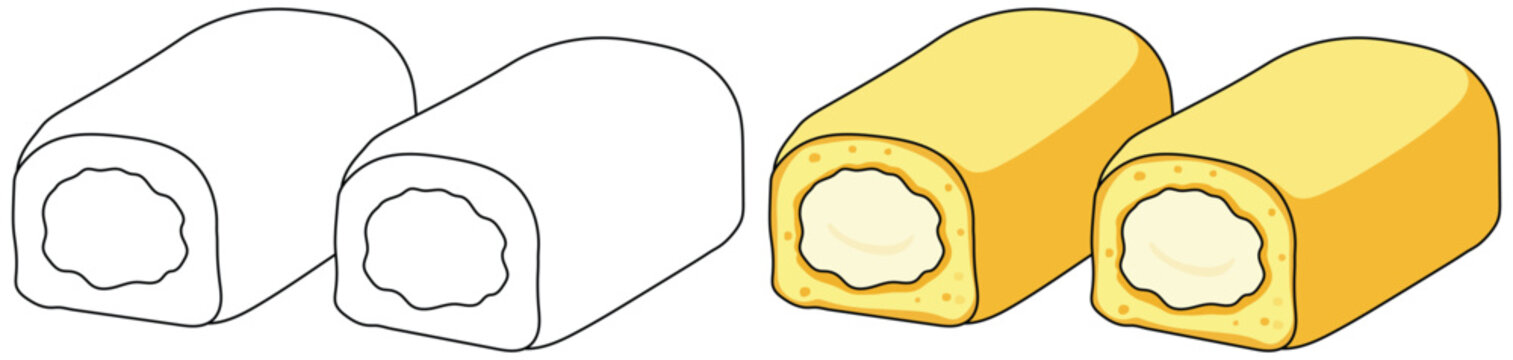 Cream filled sponge cake rolls in a simple cute cartoon style for dessert and bakery themed creative projects