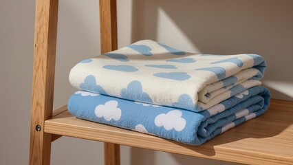 cloud-patterned baby blanket, cotton material, ivory and sky blue tones, folded neatly on a wooden shelf, morning sunlight, soft shadows