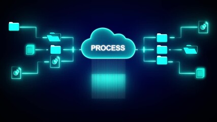 Cloud data process network with files and folders connected to a central cloud labeled PROCES cloud computing - Powered by Adobe