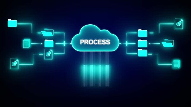 Cloud data process network with files and folders connected to a central cloud labeled PROCES cloud computing