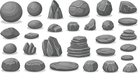 Collection of various gray rocks and stones in different shapes and sizes © Mofajjol