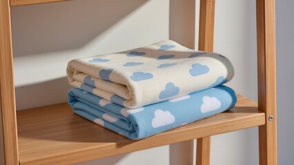 cloud-patterned baby blanket, cotton material, ivory and sky blue tones, folded neatly on a wooden shelf, morning sunlight, soft shadows