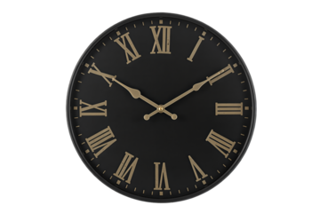 A classic round black wall clock with elegant gold Roman numerals and matching hands, displaying timeless style.