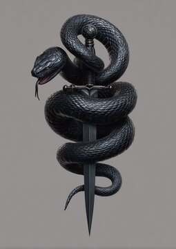 A black mamba snake coiled aggressively around a dagger with its head raised