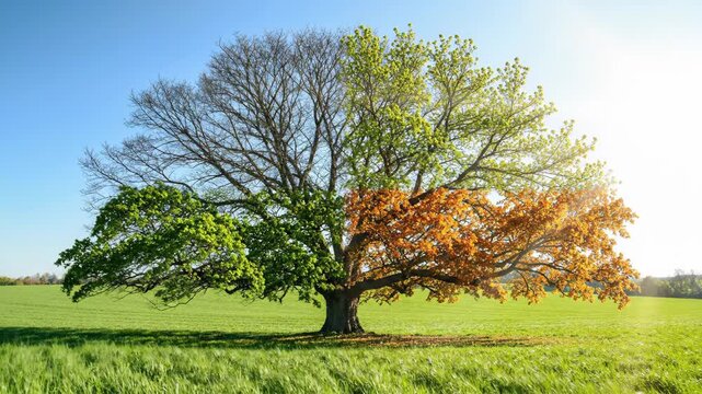 Wide shot solitary tree in middle of green meadow, with branches divided into four distinct parts symbolizing winter, spring, summer, and autumn through bare limbs, fresh green leaves, lush foliage
