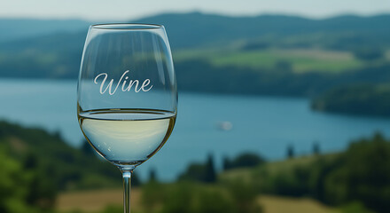 glass of white wine on scenic landscape background