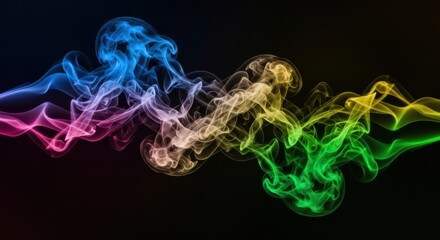 Abstract rainbow colored smoke wisps flowing artfully across a dark canvas