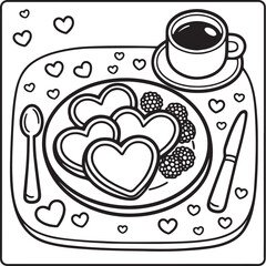 Cute Valentine Romantic Breakfast Coloring Page, Heart Pancakes Line Art Illustration