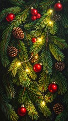 Festive Fir Branches Adorned with Glowing Lights and Red Ornaments