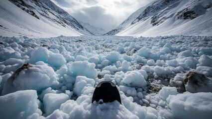A low-angle shot of a vast, icy landscape with snow-covered mountains in the background.