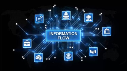Digital information flow network connecting global business finance technology and security concepts with data streams and network nodes on a dark background - Powered by Adobe