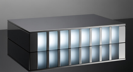 Close-up view of a rectangular black box with 12 glowing blue squares on its front panel against a dark background.