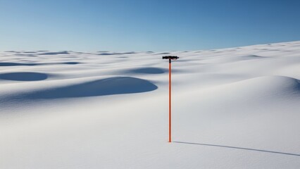 A solitary orange pole stands in a vast, undulating expanse of snow under a clear blue sky.