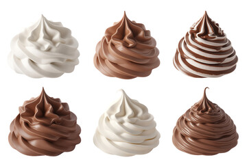Six swirls of soft serve ice cream or whipped cream in vanilla, chocolate, and mixed flavors, isolated on a white background.