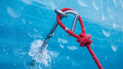 A close-up shot of a metal anchor being driven into ice, with a red rope attached to it.