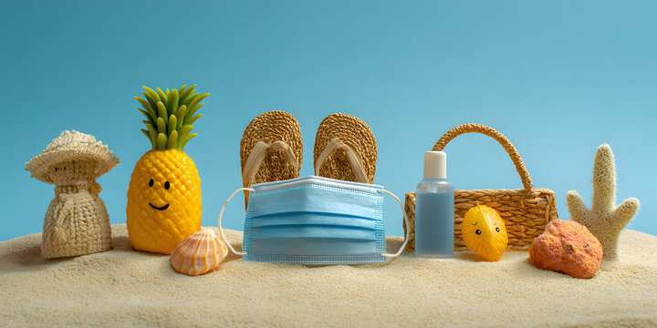 Beach items with face mask and sanitizer minimal lifestyle - Powered by Adobe