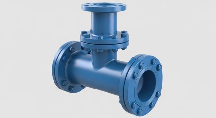 A blue industrial flanged pipe valve body component