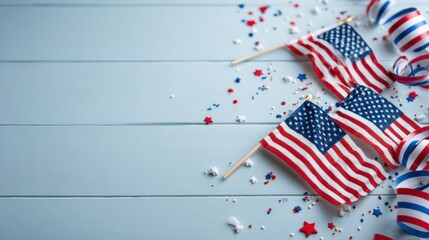 Small American flags and festive decorations arranged on a blue wooden surface, creating a patriotic minimalistic banner for Presidents Day celebration with copy space