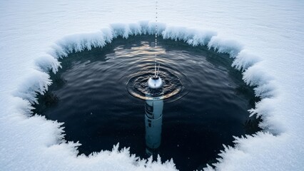 A white cylindrical sensor being lowered into a circular hole in ice, with water droplets creating ripples.