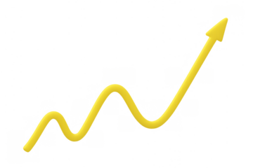 Yellow 3d arrow showing rising upward trend for business growth and financial market success, transparent background