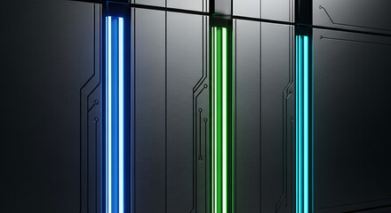 Close-up view of three colorful LED light bars glowing against a dark background with a metallic wall.