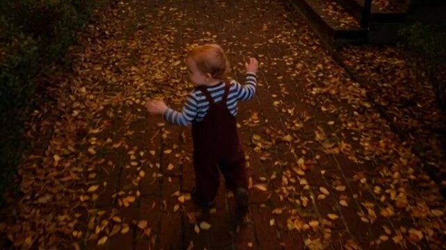 Young Boy Running Down Brick Pathway Covered With Autumn Leaves