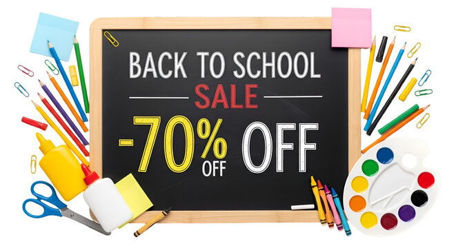 Back to school sale banner with blackboard and stationery - Powered by Adobe