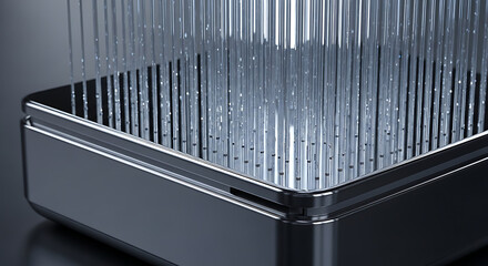 Close-up of a sleek, black, square-shaped metal object with a slatted top and shiny surface on a dark reflective background.