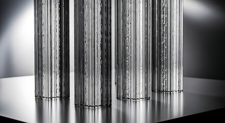 Close-up of several metallic cylindrical tubes with a reflective surface on a table with a dark background and cinematic lighting.