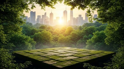 Serene forest clearing with a moss-covered platform overlooking a sunlit cityscape