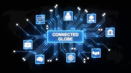 Global network connectivity concept with digital icons for finance teamwork security innovation and achievement on a glowing earth background digital abstract technology - Powered by Adobe