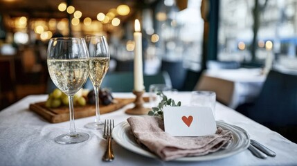 Elegant Valentine's dinner table set for one, featuring sparkling wine glasses, a candle, and a heart-themed card, with copy space for romantic messages and personal notes