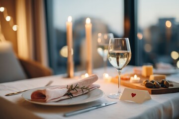 Elegant close-up of a beautifully arranged Valentine's dinner table set for one, featuring candles, wine glass, and romantic ambiance with soft lighting and delicate details