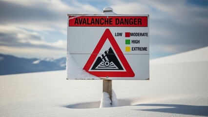 A weathered avalanche danger sign stands in a snowy mountain landscape under a cloudy sky.